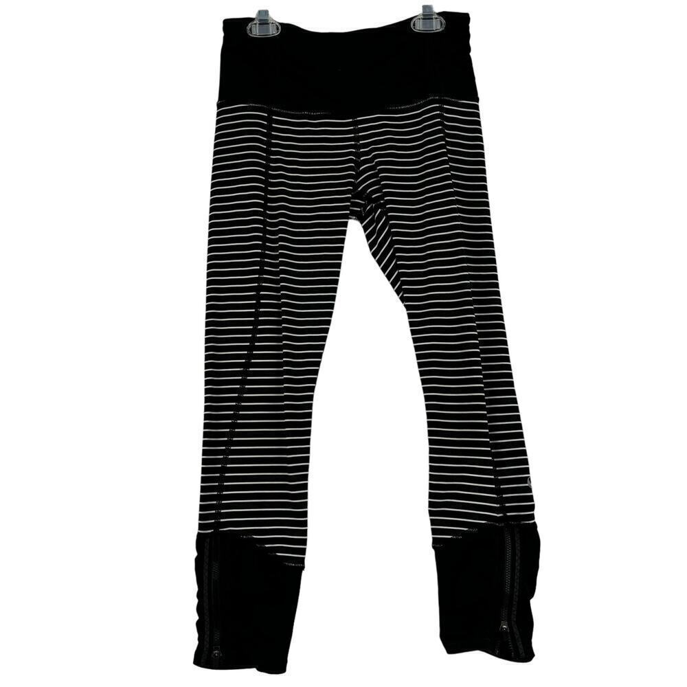 Lululemon Runday Crop Leggings Women's Size 4 Black White Stripe Ankle Zippers